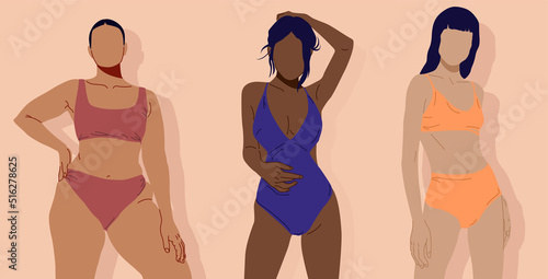 Multiethnicof women with different body. height, figure type and size. Body-positive women. Flat Vector Illustration