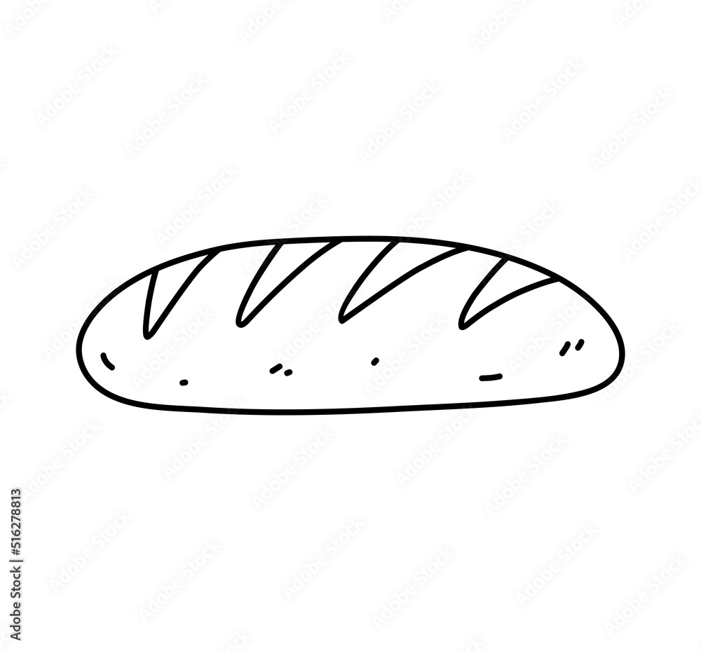 Loaf of bread isolated on white background. Wheat baked baguette. Vector hand-drawn illustration in doodle style. Perfect for cards, decorations, logo, menu, various designs. Loaf of bread isolated on white background. Wheat baked baguette. Vector hand-drawn illustration in doodle style. Perfect for cards, decorations, logo, menu, various designs.