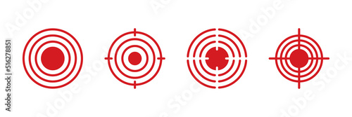 Pain point icons set. Pain red circles mark. Target spot symbols for medical design. Concept killer for headaches, abdominal aches. Editable stroke. Vector illustration isolated on white background.