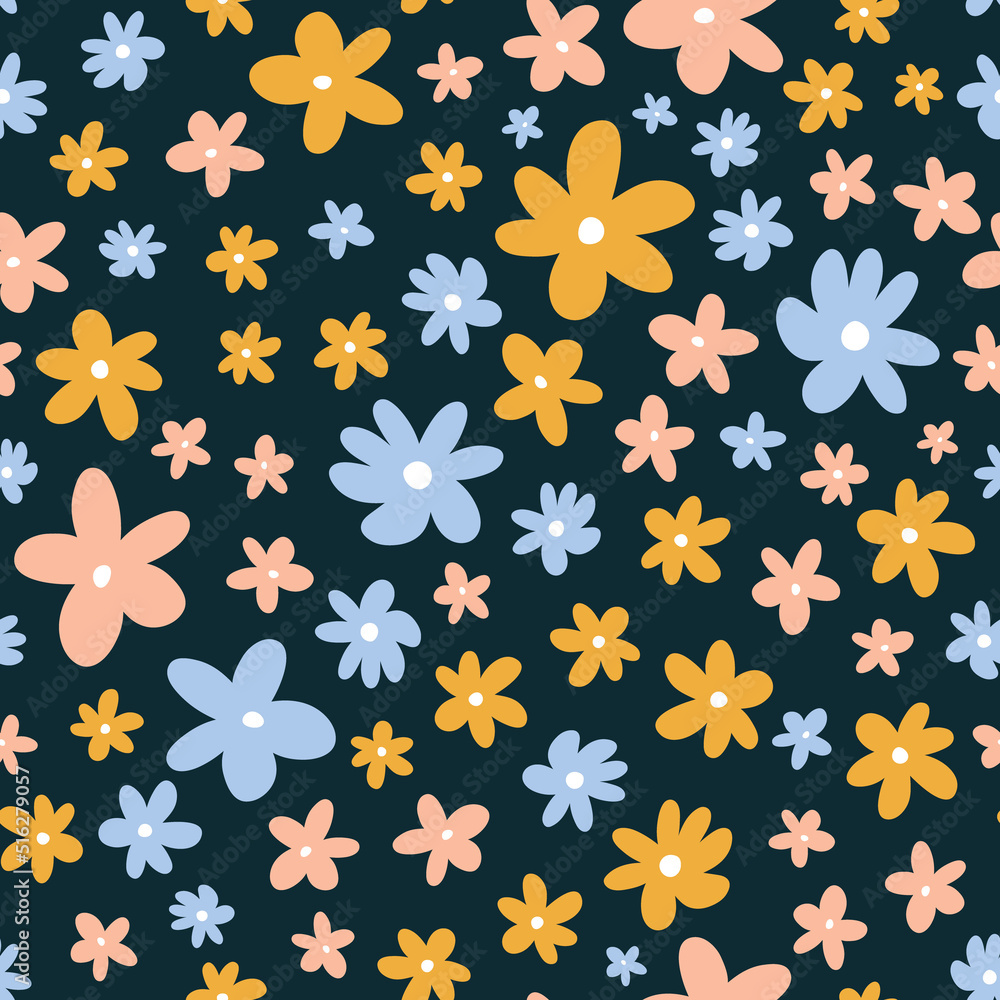 Cute seamless pattern with pink, yellow and blue flowers on dark background. Vector illustration in hand-drawn flat style. Perfect for print, decorations, wallpaper, wrapping paper, cards. Cute seamless pattern with pink, yellow and blue flowers on dark background. Vector illustration in hand-drawn flat style. Perfect for print, decorations, wallpaper, wrapping paper, cards.