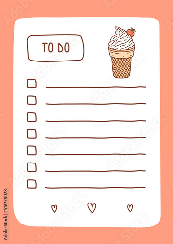 To do list template decorated by strawberry ice cream. Cute design of schedule, daily planner or checklist. Vector hand-drawn illustration. Perfect for planning, notes and self-organization.