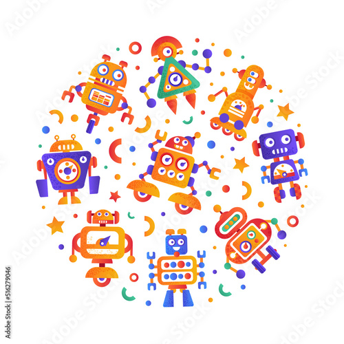 Robot with Futuristic Modern Bot and Android Round Vector Composition