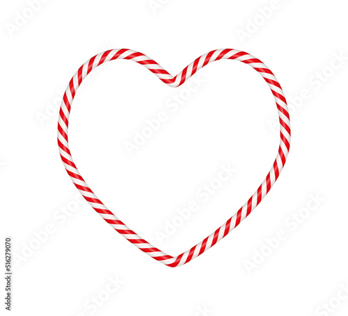 Christmas candy cane heart frame with red and white striped. Xmas border with striped candy lollipop pattern. Blank christmas and new year template. Vector illustration isolated on white background.