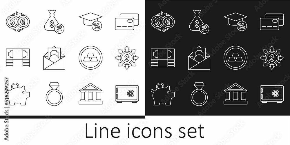 Set line Safe, Dollar, share, network, Graduation cap and coin, Envelope with dollar symbol, Stacks paper money cash, Money exchange, Gold bars and bag icon. Vector