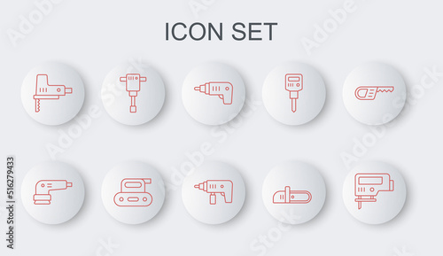 Set line Electric jigsaw, sander, cordless screwdriver, Chainsaw, Construction jackhammer, planer tool and drill machine icon. Vector