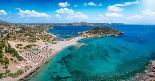 Aerial view of the beautiful beach at Agios Nikolaos, Saronida, Attica, during summer time