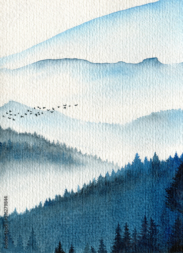 Canvas Print Landscape mountain valley in blue tones with a flying steet of birds in clouds, watercolor