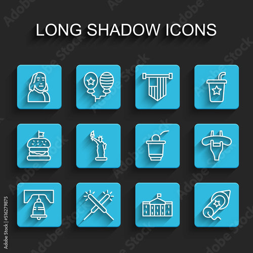 Set line Liberty bell in Philadelphia, Sparkler firework, Benjamin Franklin, United States Capitol Congress, Firework, Statue of, Sausage the fork and Beer pong game icon. Vector