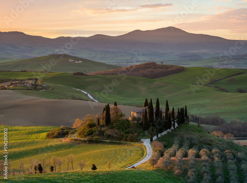 Tuscany landscape panorama at sunrise  Val d Orcia  Italy