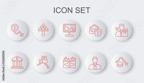Set line Dollar rate decrease, Bank building, Global economic crisis news, Worker, Gold bars, Shutdown of factory and Burning dollar bill icon. Vector
