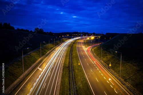 most nad autostradą Mszana, polska, Autostrada A1, światła miasta, light trail, night, Road, street light, city street, speed, 
