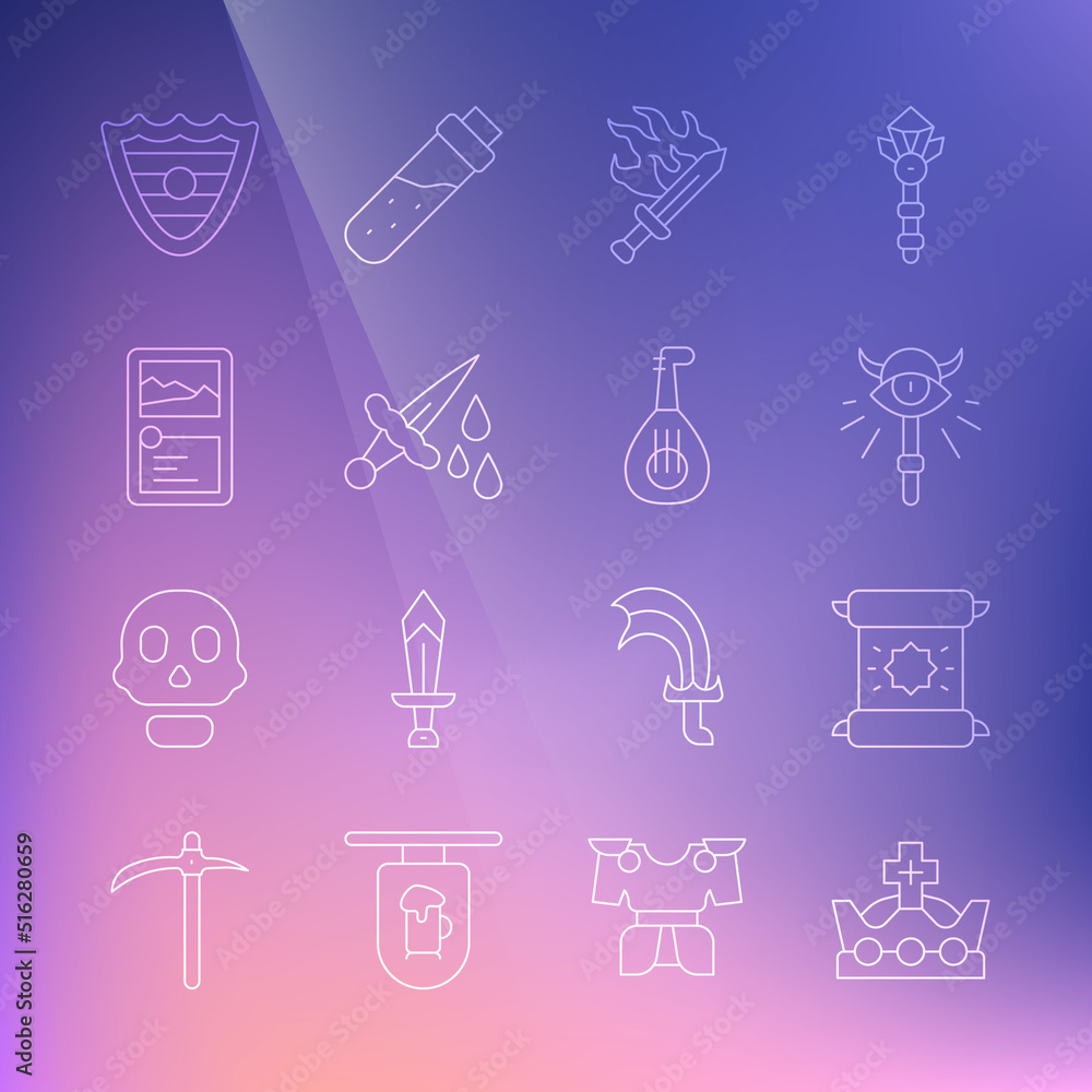 Set line King crown, Decree, parchment, scroll, Magic staff, Sword for game, with blood, Card collection, Shield and Lute icon. Vector Set line King crown, Decree, parchment, scroll, Magic staff, Sword for game, with blood, Card collection, Shield and Lute icon. Vector