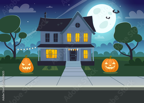 Halloween night background with old house. Midnight street with halloween decorations and moonlight.