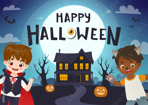 Halloween poster with cute kids in costume and scary old house. Banner with halloween night.