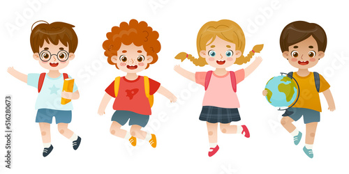 Set of adorable school children. Happy cartoon kids jumping. Cute pupils collection.