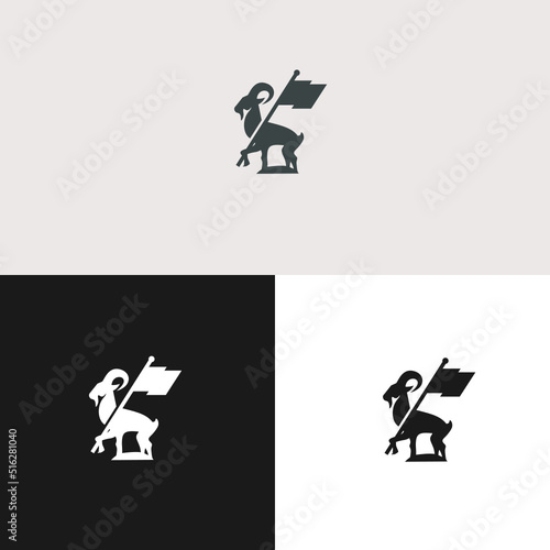 Mountain goat silhouette holding flag logo vector
