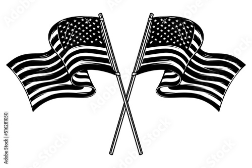 Illustration of crossed american flags. Design element for poster, card, banner, sign, logo. Vector illustration