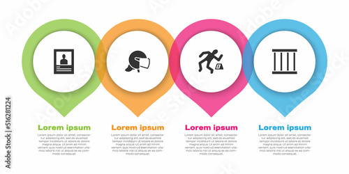 Set Wanted poster, Police helmet, Crime scene and Prison window. Business infographic template. Vector