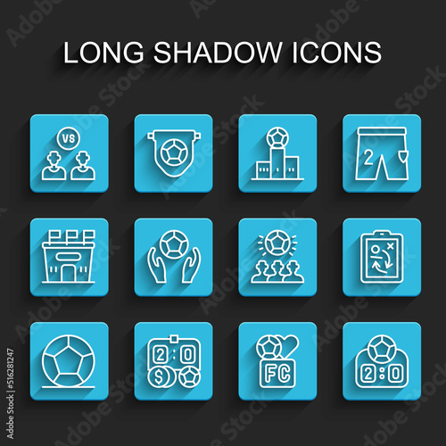 Set line Soccer football ball, Football betting money, or soccer player, Fan club, Sport mechanical scoreboard, Planning strategy concept and icon. Vector