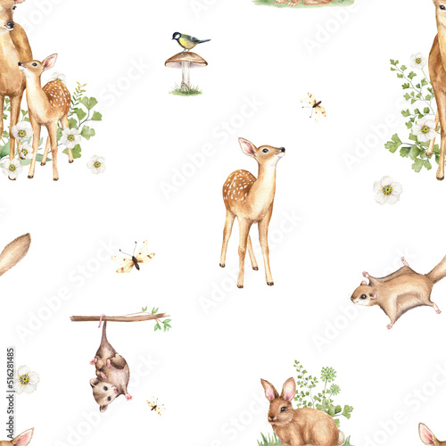 Watercolor baby rabbit, flying squirrel, opossum, fawn, deer, wild forest illustration. Woodland seamless pattern with cute animals Hand painted nature print for kids design, fabric