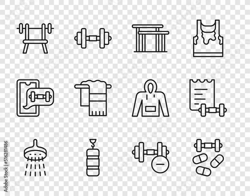 Set line Shower, Sports doping with dumbbell, Uneven bars, Punching bag, Bench barbell, Towel on hanger, Dumbbell and training program icon. Vector