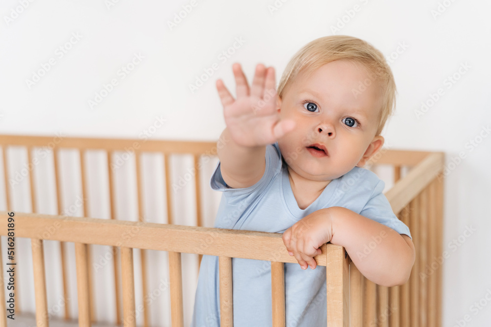 Indoor portrait of worried upset Caucasian baby standing in wooden bed on white background reaching hand out asking to pick him up. Childcare, childhood, maternity concept Indoor portrait of worried upset Caucasian baby standing in wooden bed on white background reaching hand out asking to pick him up. Childcare, childhood, maternity concept