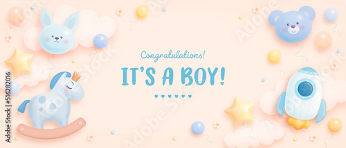 Baby shower horizontal banner with cartoon rocket, bear, bunny, horse, helium balloons and clouds on beige background. It's a boy. Vector illustration