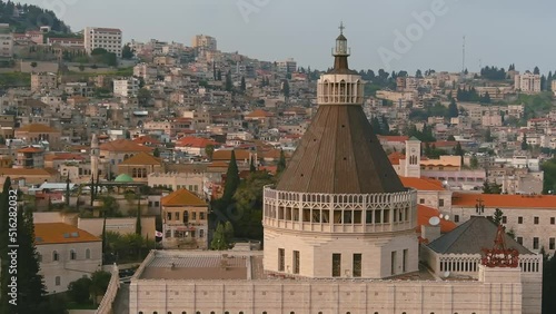 Top Church of the Annunciation in Nazareth at sunset, Aerial
Drone view from basilica of the annunciation, Nazareth Galilee, israel, 2022,
