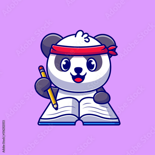 Cute Panda Writing On Book With Pencil Cartoon Vector Icon Illustration. Animal Education Icon Concept Isolated Premium Vector. Flat Cartoon Style