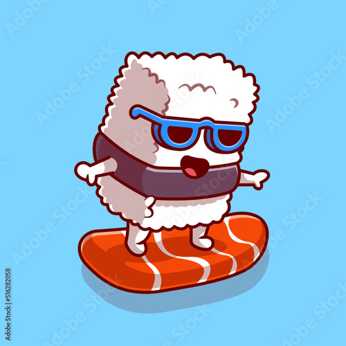 Cute Sushi Salmon Surfing Cartoon Vector Icon Illustration. Food Holiday Icon Concept Isolated Premium Vector. Flat Cartoon Style