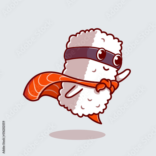 Cute Sushi Salmon Hero Cartoon Vector Icon Illustration. Food Fashion Icon Concept Isolated Premium Vector. Flat Cartoon Style