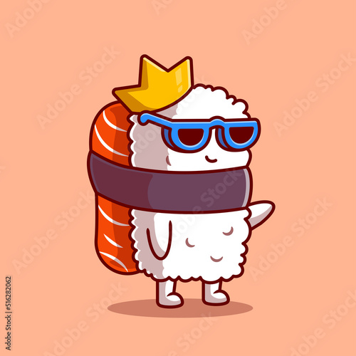Cute King Salmon Sushi With Glasses Cartoon Vector Icon Illustration. Food Character Icon Concept Isolated Premium Vector. Flat Cartoon Style
