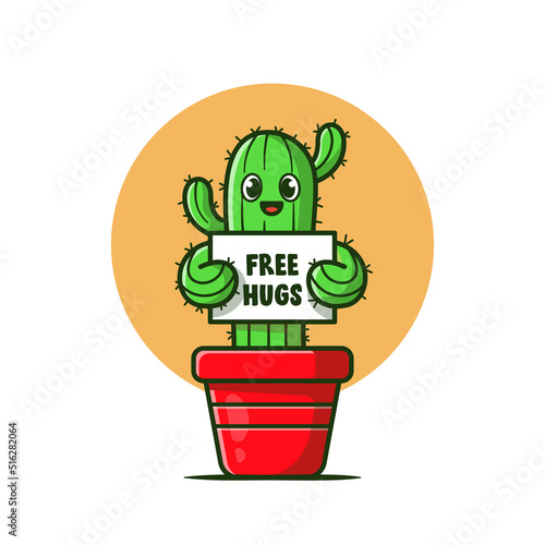 Happy Cactus Plant Holding Free Hugs Board Cartoon Vector Icon Illustration. Plant Icon Concept Isolated Premium Vector. Flat Cartoon Style