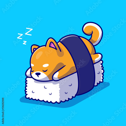 Cute Shiba Inu Dog Sleeping On Sushi Cartoon Vector Icon Illustration. Animal Food Icon Concept Isolated Premium Vector. Flat Cartoon Style