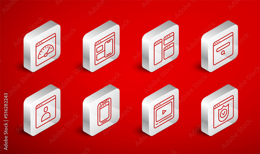 Set line Browser with shield, Web developer programming code, window, Search engine, Online play video, Digital speed meter, Mobile phone and Create account screen icon. Vector Set line Browser with shield, Web developer programming code, window, Search engine, Online play video, Digital speed meter, Mobile phone and Create account screen icon. Vector