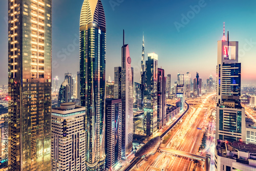 Skyscrapers in Dubai UAE at night. United Arab Emirates
