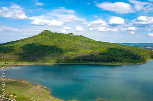 Aerial view from drone of a lake among hills