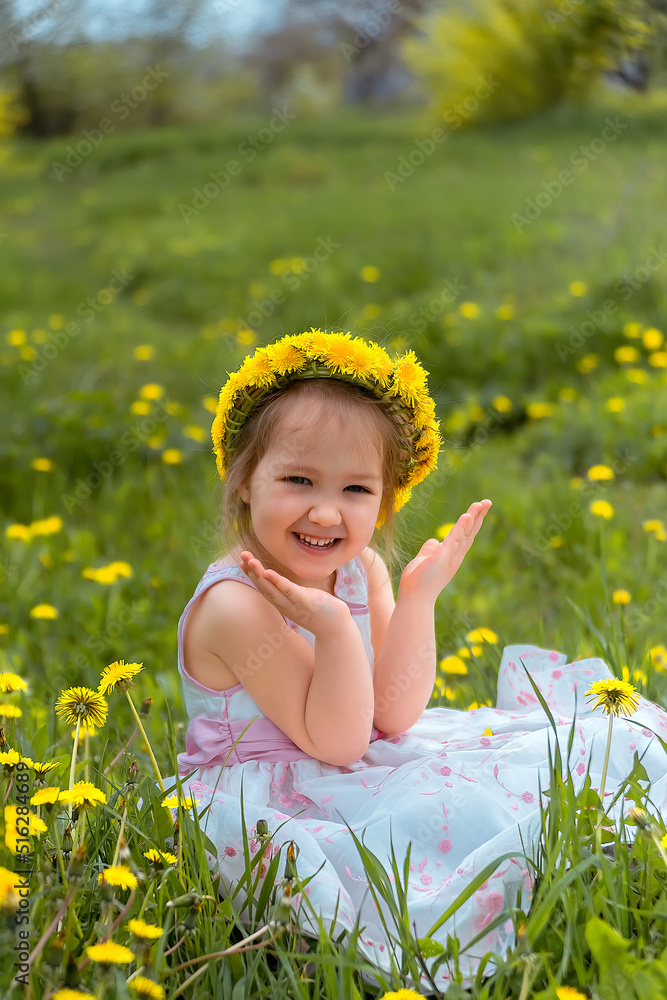 Girl in a meadow in a wreath of dandelions Girl in a meadow in a wreath of dandelions