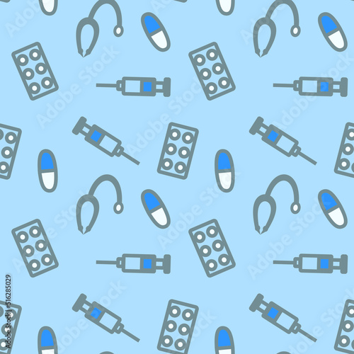 vector illustration pattern syringes pills on a blue background
