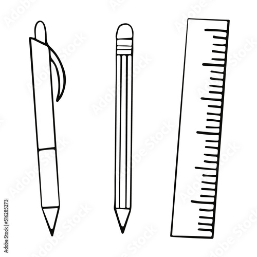 Set of stationery in hand drawn doodle style. Writing pen, ruler and pencil. Vector