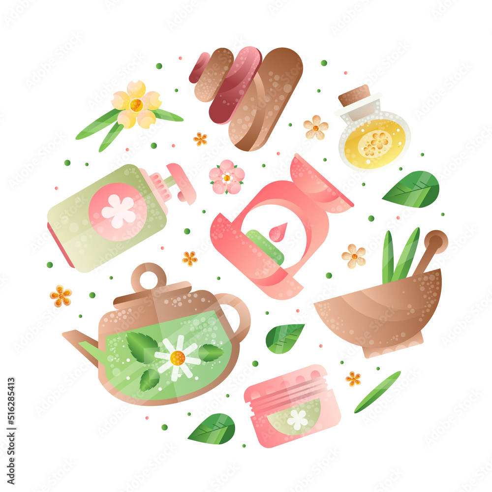Spa with Essential Oil, Lotion and Candle for Aromatherapy and Relax Vector Round Composition Spa with Essential Oil, Lotion and Candle for Aromatherapy and Relax Vector Round Composition