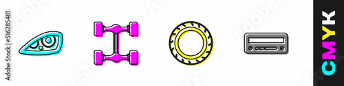 Set Car headlight, Chassis car, tire wheel and audio icon. Vector