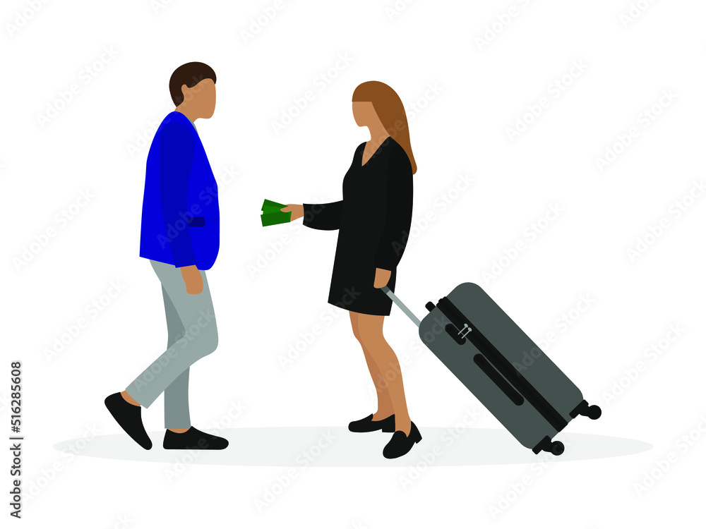 Female character with a suitcase giving money to male character on white background Female character with a suitcase giving money to male character on white background