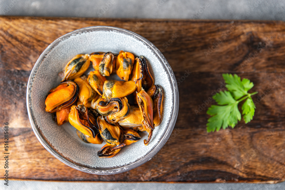 fresh mussels peeled seafood meal on the table copy space food background rustic fresh mussels peeled seafood meal on the table copy space food background rustic