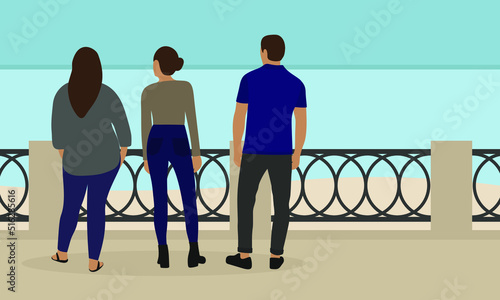 Two female characters and a male character stand on the embankment and look at the water