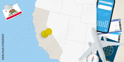 Travel to California concept, map with pin on map of California. Vacation preparation map, flag, passport and tickets. photo