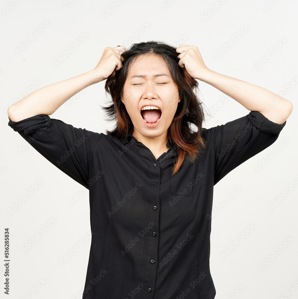 Angry Stressed and Pull Hair of Beautiful Asian Woman Isolated On White Background Angry Stressed and Pull Hair of Beautiful Asian Woman Isolated On White Background