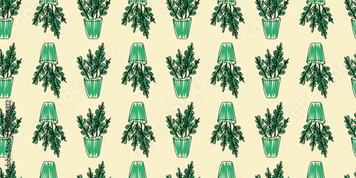 Seamless pattern with green hand drawn flowerpots. doodle style. home plants. Botany illustration. Vector. Isolated