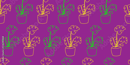 One line home plants silhouette. Botanical continuous background. Contour pattern isolated on white. Minimalist art vector decor. Green and yellow flowerpots.