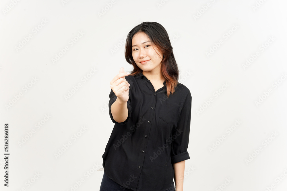 Showing Korean love finger of Beautiful Asian Woman Isolated On White Background Showing Korean love finger of Beautiful Asian Woman Isolated On White Background